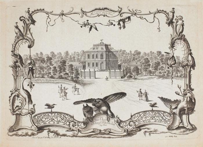 Brühl. - Schloß Falkenlust. Le château Electorale de la Faucon(n)erie prés de Brüel - Das Churf. Schloss Falckenlust bey Brül. Das Jagdschloß mit umgebenem Wald und Staffagepersonal, eingerahmt von Rankenwerk und Girlanden, mit Jagdvögeln.