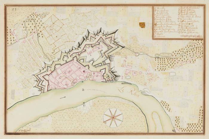 Düsseldorf. - Düsseldorf, Stadtplan mit dem Rhein und Umgebung. Oben rechts Meilenanzeiger und Legende, unten Windrose.