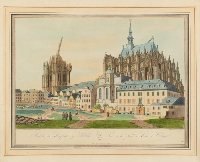 Köln. – Dom. Ansicht des Domplatzes zu Kölln. Vue de la place du Dôme à Cologne, mit dem Dom von Südosten.