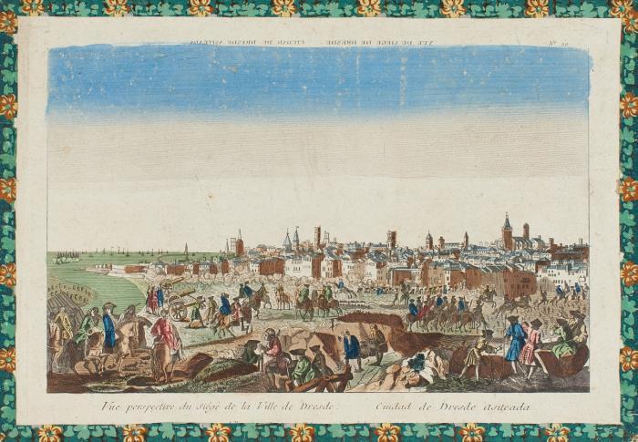 Dresden. – Vue perspective de la Ville de Dresde / Vue perspective du siège de la Ville de Dresde. Ciudad de Dresde asiteada. Ansicht von der Elbe aus bzw. mit Belagerung.