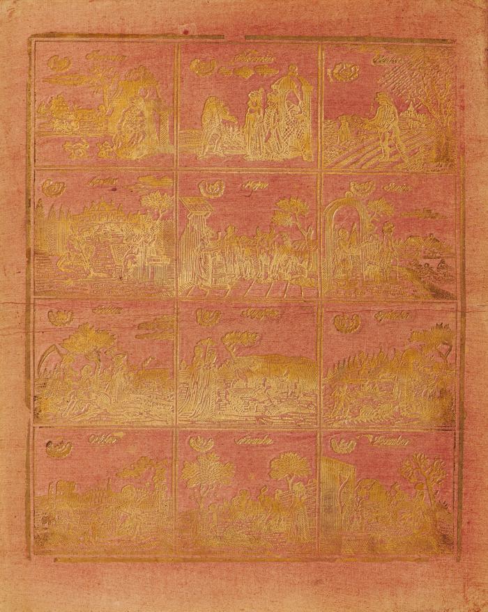 Buntpapier/Brokatpapier. - Die zwölf Monate. In 4 Reihen in 12 rechteckigen umrahmten Feldern Szenen auf die 12 Monate, beschriftet, je drei nebeneinander , meist mit ländlichen Beschäftigungen des Jahres.