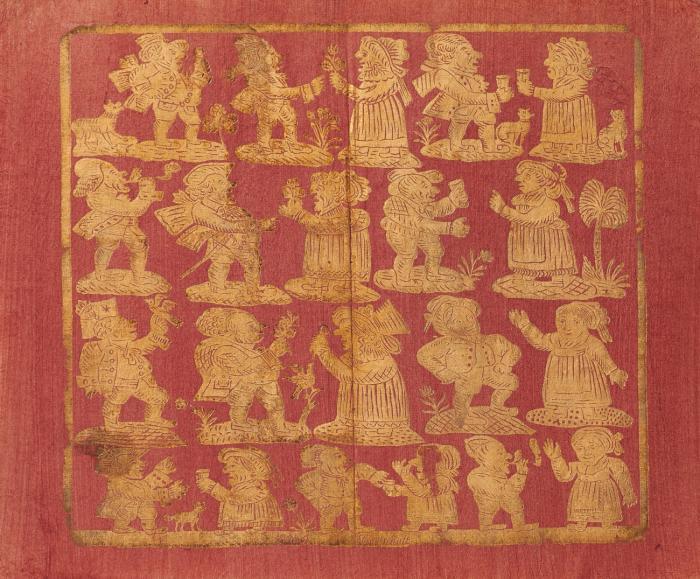 Buntpapier/Brokatpapier. - Zwarg Gesellschaft. Bilderbogenartiges Blatt, mit 21 grotesken Zwergen in 4 Reihen.