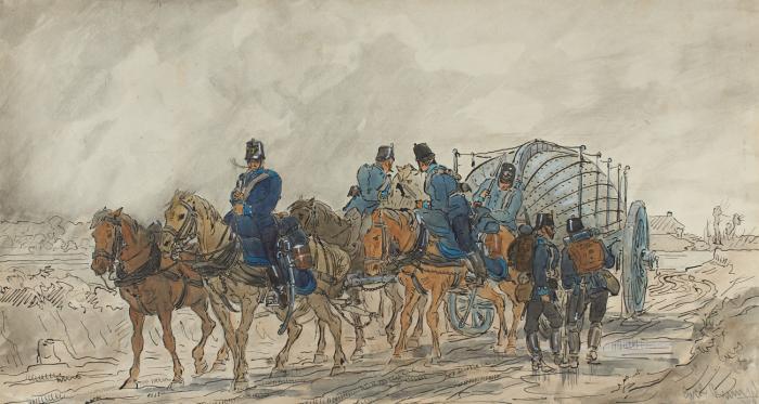 Militaria. – Preußische Pioniere beim Transport eines Bootes.