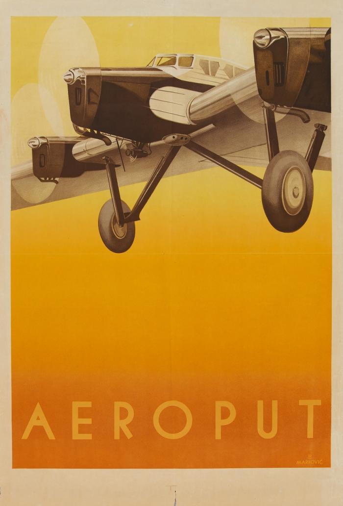 Plakate. – Luftfahrt. Aeroput, Spartan Cruiser auf orange-gelbem Grund.