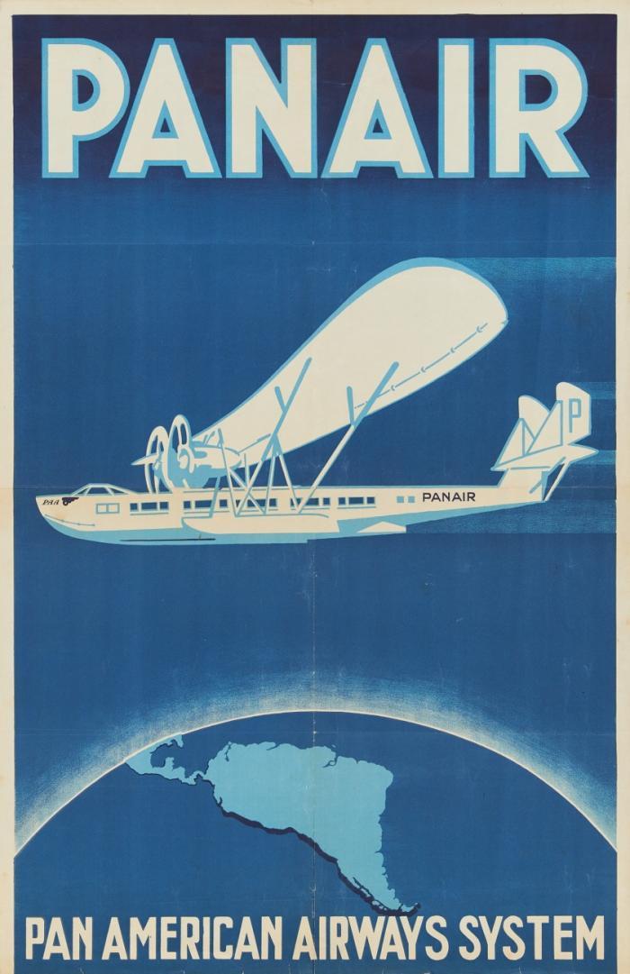 Plakate. Luftfahrt. - Panair, Pan American Airways System, zweimotoriges Propellerflugzeug über Südamerika.