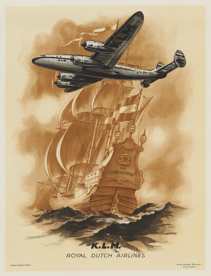 K.L.M. Royal Dutch Airlines, viermotorige Lockheed Constellation vor großem Dreimaster.