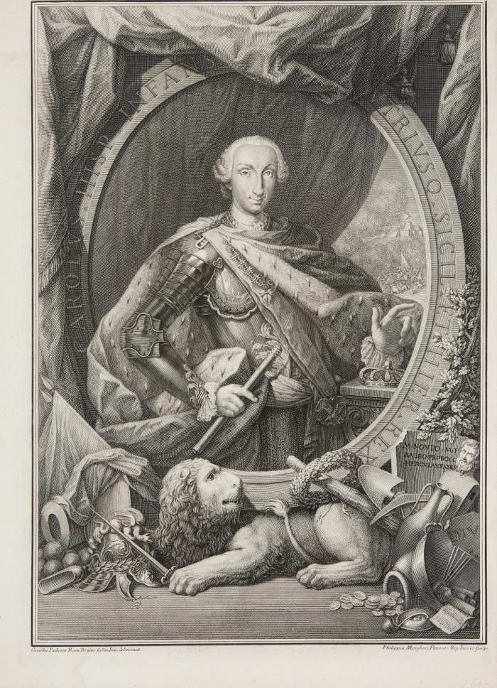 Karl III.von Spanien, Carlos Sebastián de Borbón y Farnesio. Carolus II Sp infans utriusq Sicil. e Hier. Rex, Porträt im Oval mit allegorischem Beiwerk.