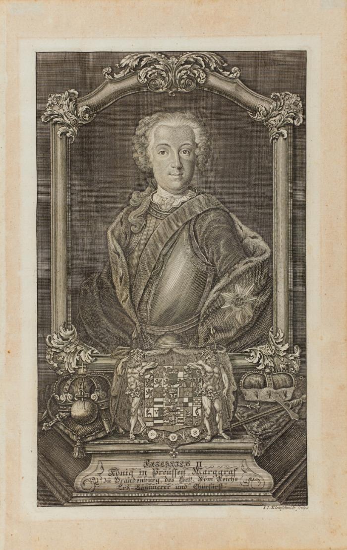 Porträts. - Herrscherbildnisse. Sammlung von 15 Blatt Kupferstichen, von Kleinschmidt, Windter, Kilian, Müller und Tyroff, überwiegend nach Franz Lippold.
Mit Bildnissen u.a. von Friedrich II. von Preußen, Kaiserin Maria Theresia., Karl Theodor von der Pfalz, Joseph Franz Maria von Seinsheim, Franz Georg von Schönborn, Ferdinand Leopold Hohenzollern-Sigmaringen, Joseph Franz von Kesselstatt.