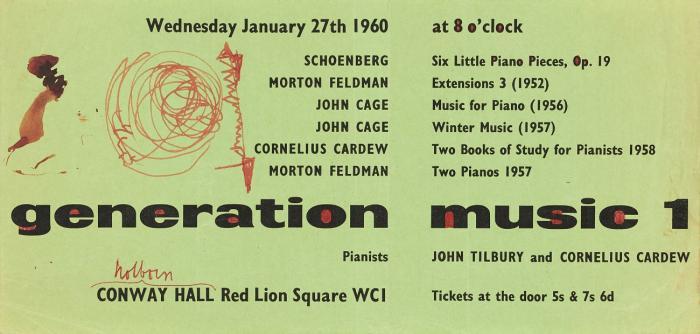 Generation Music 1. Konzertankündigung für die Musikperformance am 27. Januar 1960 in der Conway Hall mit Werken von Schoenberg, John Cage, Morton Feldman und Cornelius Cardew.