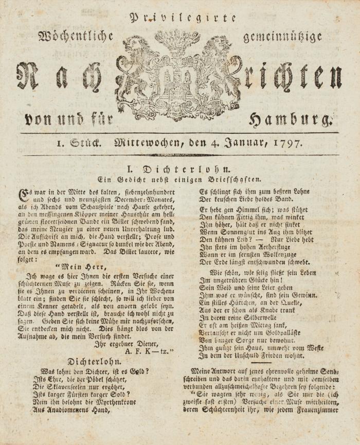 Privilegirte Wöchentliche gemeinnützige Nachrichten von und für Hamburg. 1. Stück, Januar 1797 - 104. Stück, 30. Dezember 1797.