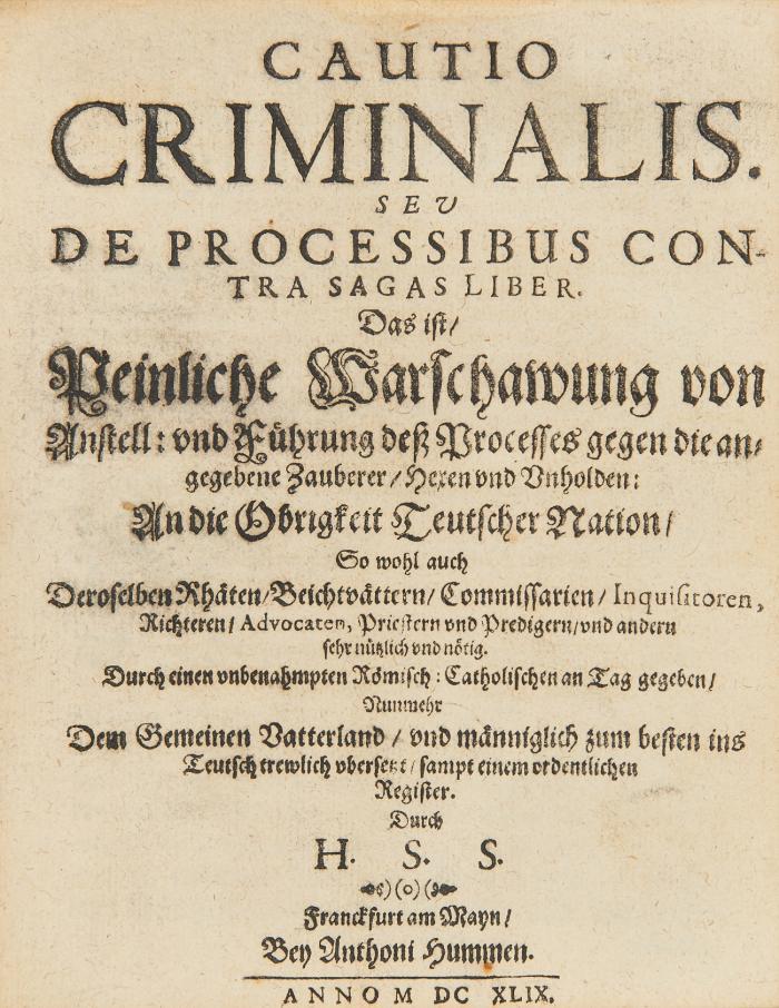 Hexen und Zauberer. - Sammelband mit 4 Schriften.
1.) Praetorius, Anton: Gründlicher Bericht von Zauberey und Zauberern. / 2.) Ellinger, Johann: HexenCoppel ... / 3.) [Spee, Friedrich v.]: Cautio criminalis ... Das ist/ peinliche Warschawung ... / 4.) Responsum juris, oder rechtliches vnd Auszführliches Bedencken/ von Zauberin ...