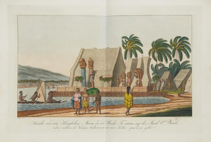 Entdeckungs-Reise in die Süd-See und nach der Berings-Straße zur Erforschung einer nordöstlichen Durchfahrt. Unternommen in den Jahren 1815, 1816, 1817 und 1818 auf Kosten Sr. Erlaucht des ... Grafen Rumanzoff auf dem Schiffe Rurik unter dem Befehle des Lieutenants der Russisch-Kaiserlichen Marine Otto von Kotzebue. 3 in 1 Bd. Weimar: Gebrüder Hoffmann 1821.