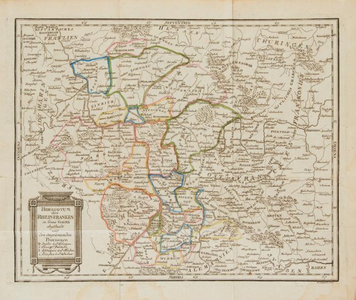 Geschichte des Rheinischen Franziens unter dem Merovingischen und Karolingischen Königen bis in das Jahr 843. als eine Grundlage zur Pfälzischen Staats-Geschichte. Herausgegeben von Andreas Lamey. grenzkolor. Kupferkarte.