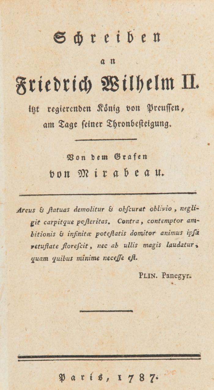 Schreiben an Friedrich-Wilhelm II. itzt regierenden König von Preussen, am Tage seiner Thronbesteigung.