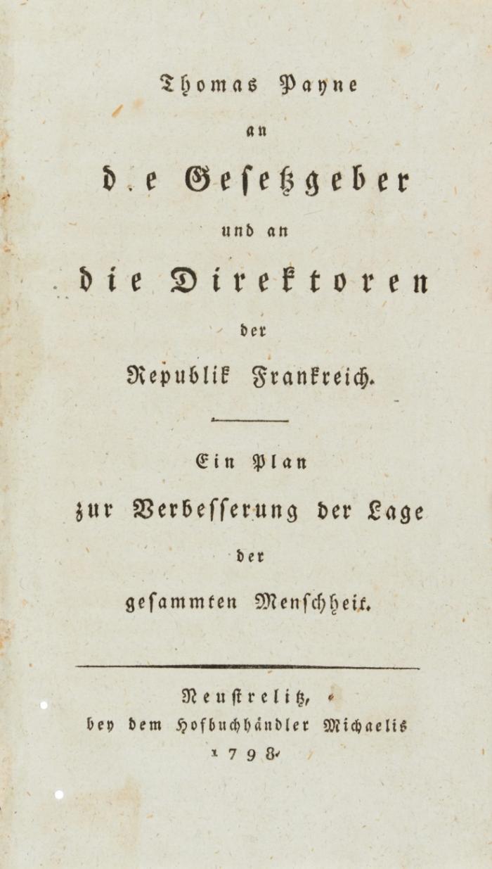 An die Gesetzgeber und an die Direktoren der Republik Frankreich. Ein Plan zur Verbesserung der Lage der gesammten Menschheit.
