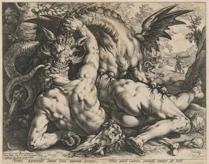 Der Drache tötet die Gefährten des Kadmus.