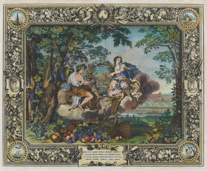 Die vier Jahreszeiten, dargestellt durch jeweils zwei allegorische Figuren in Landschaften auf Wolken schwebend und zwischen sich einen Lorbeerkranz haltend, der jahreszeitentypische Szenen enthält; jeweils umrahmt von reich ornamentierten und mit Attributen und Trophäen besetzten Barockrahmen; dabei u.a. Mars und Venus, Apoll und Minerva, Diana und Bacchus, Saturn und Hebe; Jagdszenen, Gartenanlagen, Architekturen etc.