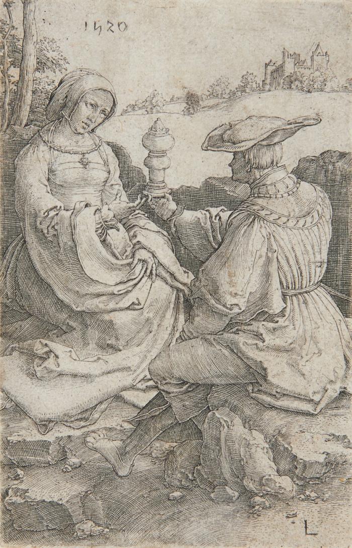 Edelmann und Dame in einer Landschaft.