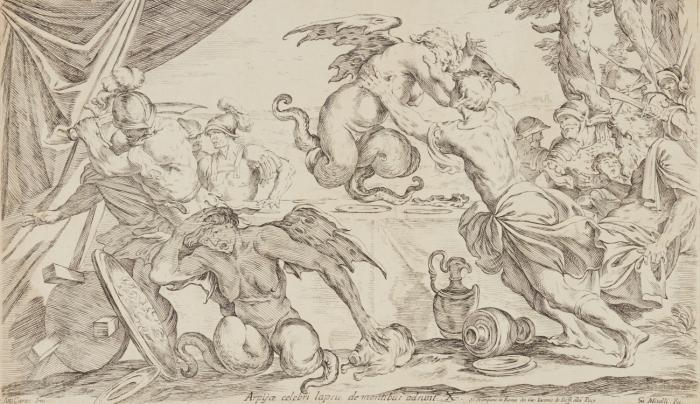 Aeneas und seine Gefährten im Kampf mit den Harpyien.