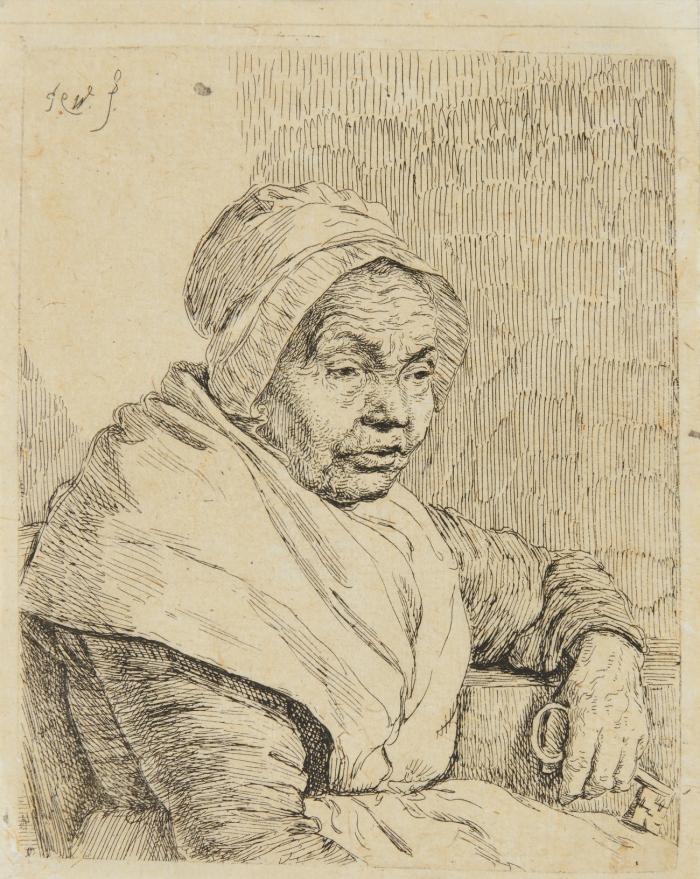 Sitzende Alte mit Schlüssel.