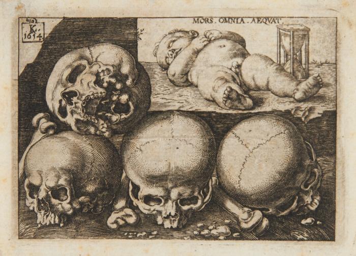 Mors omnia aequat (Das schlafende Kind mit den vier Totenschädeln).