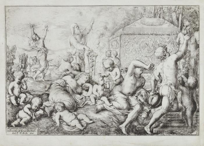 Bacchanal mit Altar, Faun und Silen.
