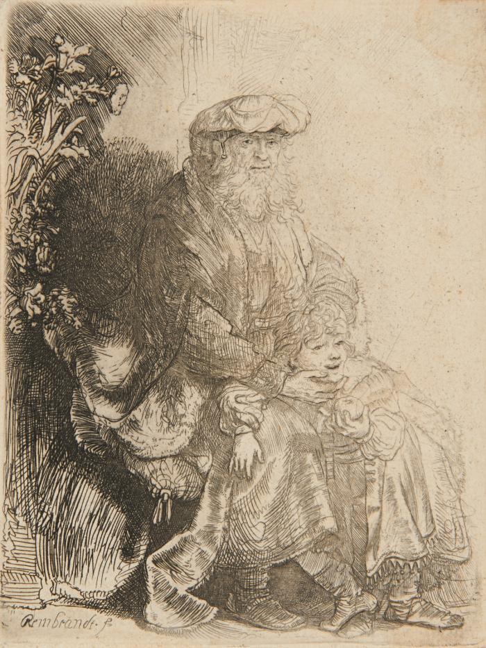 Abraham liebkost Isaak.