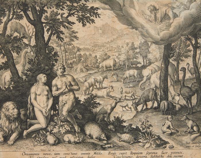 Adam und Eva und die Tiere.