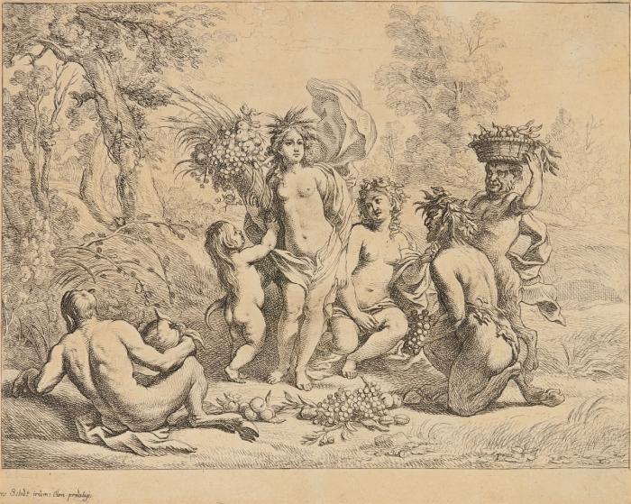 Ceres in einer Landschaft mit zwei Satyrn rechts.