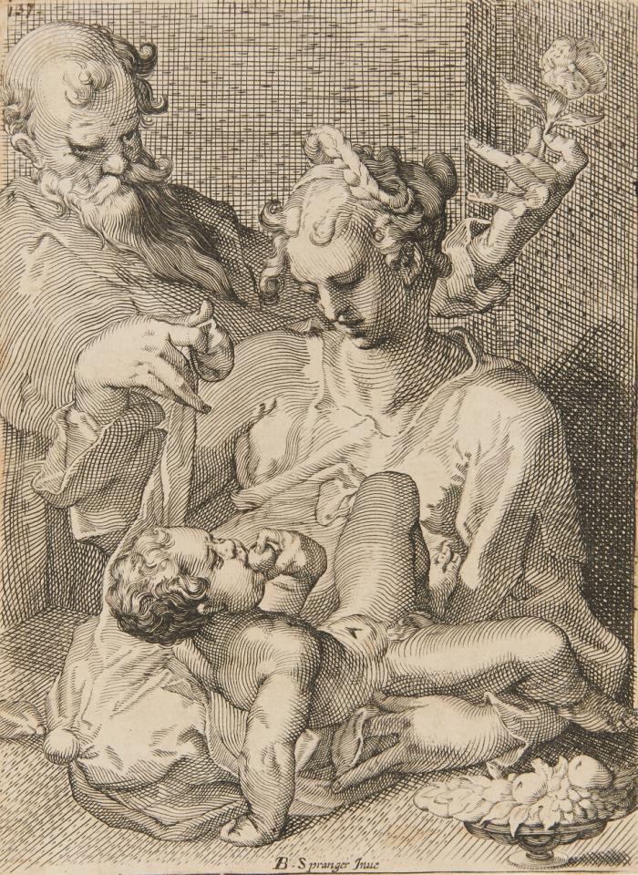 Die Heilige Familie mit Rose und Obstschale.