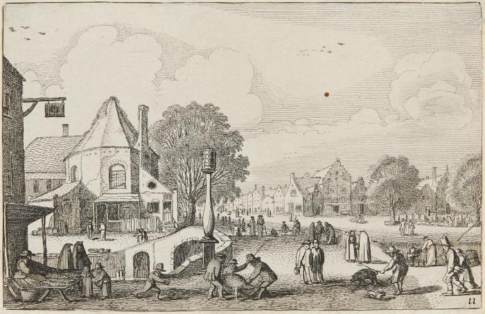 Landschaft mit einem Rundturm. Markttag in einer Stadt.