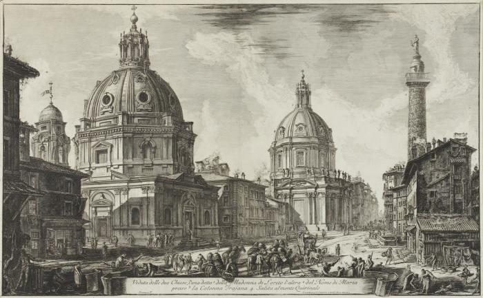 Vedutea delle due Chiese, luna dette della Madonna di Loreto l'altra del Nome die Maria presso la Colonna Trajana Salita almonte Quirinale (Santa Maria di Loreto).