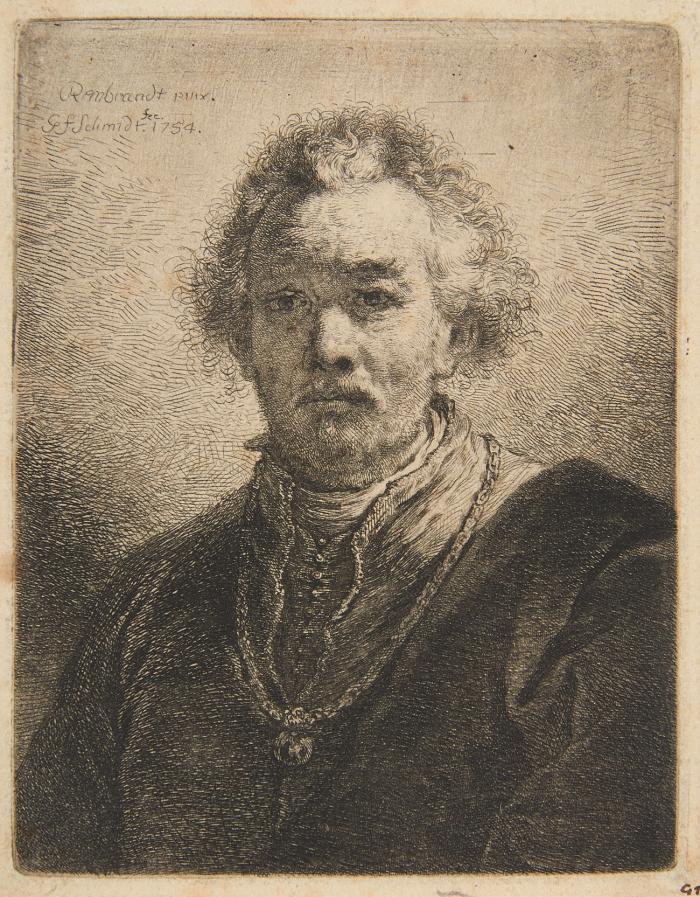 Unbekanntes männliches Bildnis, nach Rembrandt. 1754. / Der bärtige Orientale. 1750. / Simson bedroht seinen Schwiegervater, nach Rembrandt. 1756. / Titelblatt Athanasius Dorostanus / Titelblatt Mémoires de Brandenbourg.