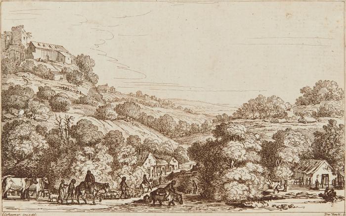 Italienische Landschaft mit Dorf, Hirten und Vieh