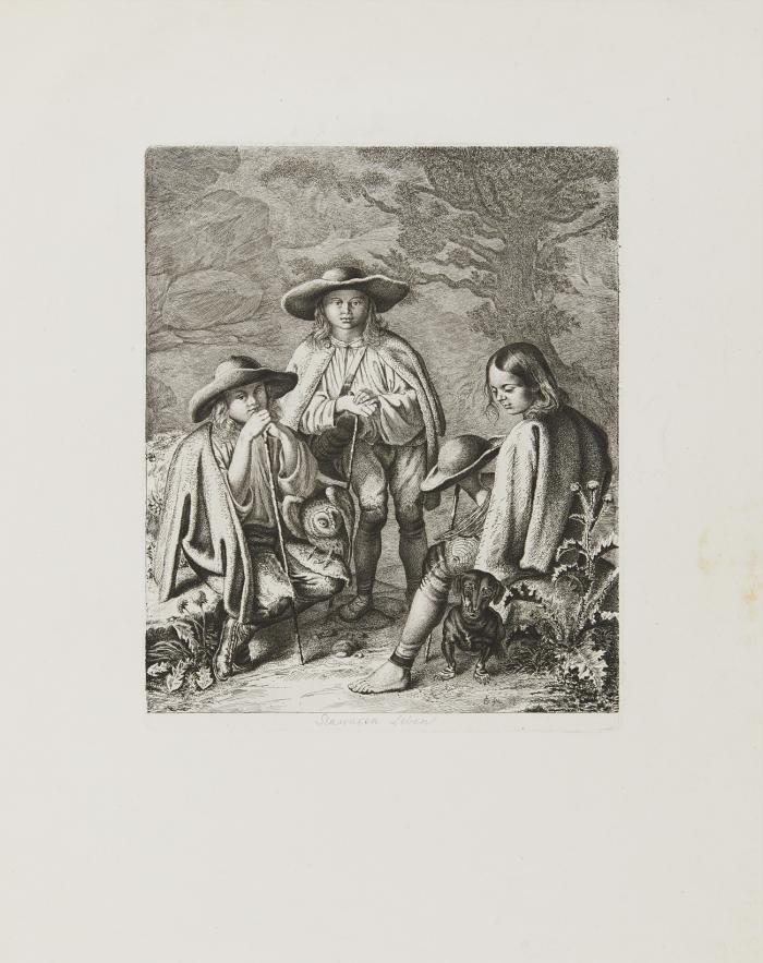 Slowaken Leben (Drei Slowakenbuben mit Hund und Eule).