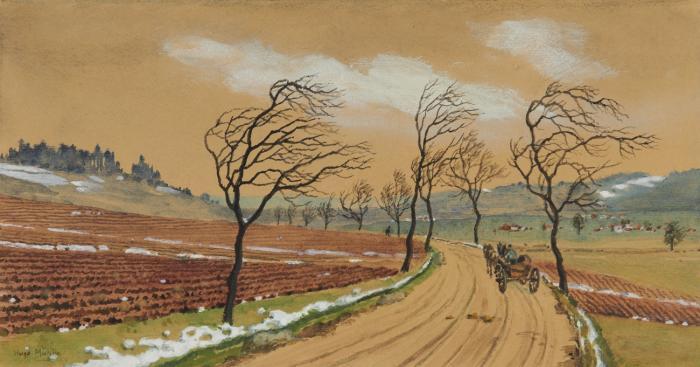 Pferdefuhrwerk im Vorfrühling.