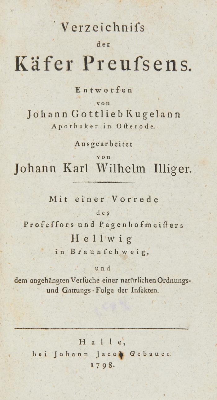 Verzeichniss der Käfer Preussens. Entworfen von Johann Gottlieb Kugelann.
