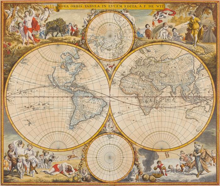 Weltkarte. – Nova Orbis Tabula, In Lucem Edita, in zwei Hemisphären und zwei Polkarten; in den Ecken Darstellung der vier Jahreszeiten.