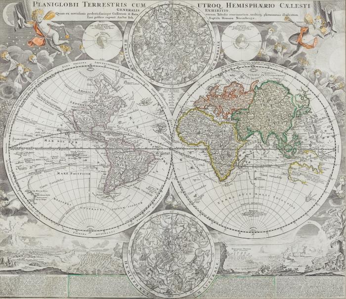 Weltkarte. - Planiglobi Terrestris cum utroq Hemisphaerio Caelesti Generalis Exhibitio, Weltkarte in zwei Hemisphären mit zwei Sternenkarten und reicher figürlicher Umrahmung mit Darstellungen von Naturerscheinungen sowie ausführlicher Legende.