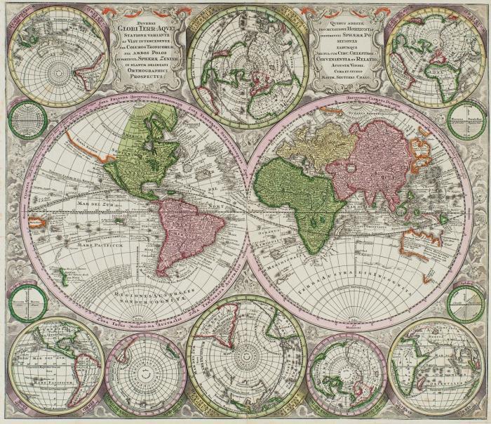 Weltkarte. - Diversi Globi Terr-Aquei Statione Variante et Visu intercedente, per Coluros Tropicorum, per Ambos Polos, et Particul. Sphaerae Zenith in Planum Selineati Orthographici Prospectus, Weltkarte in zwei Hemisphären, mit 8 kleineren Hemisphären bzw. Polprojektionen, 4 Diagrammen im Rund, 2 Kartuschen und zahlreichen Windbläsern.