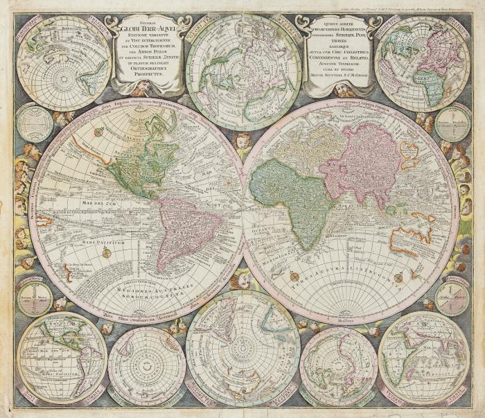 Weltkarte. - Diversi Globi Terr-Aquei Statione Variante et Visu intercedente, per Coluros Tropicorum, per Ambos Polos, et Particul. Sphaerae Zenith in Planum Selineati Orthographici Prospectus, Weltkarte in zwei Hemisphären, mit 8 kleineren Hemisphären bzw. Polprojektionen, 4 Diagrammen im Rund, 2 Kartuschen und zahlreichen Windbläsern.