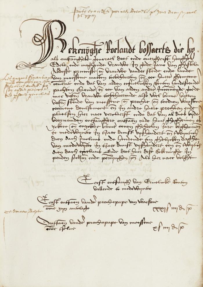 Mesen (Westflandern). - Rekenynghe Roelandt bossaerts Omme de kercke Van Meessene ende dat Van eenen Jare ... 
Flämische Handschrift auf Papier. Mesen,