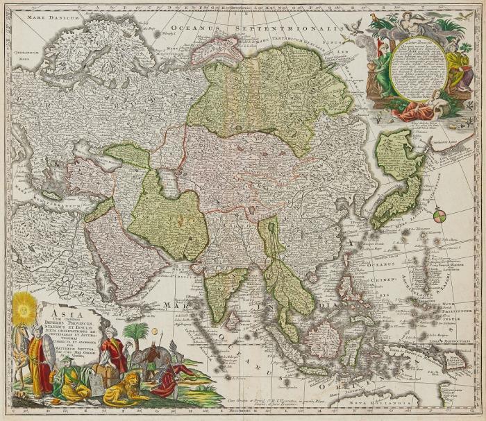 Asien. Asia cum omnibus Imperiis Provinciis Statibus et Insulis..., Gesamtkarte, mit zwei figürlichen Kartuschen mit exotischen Tieren.