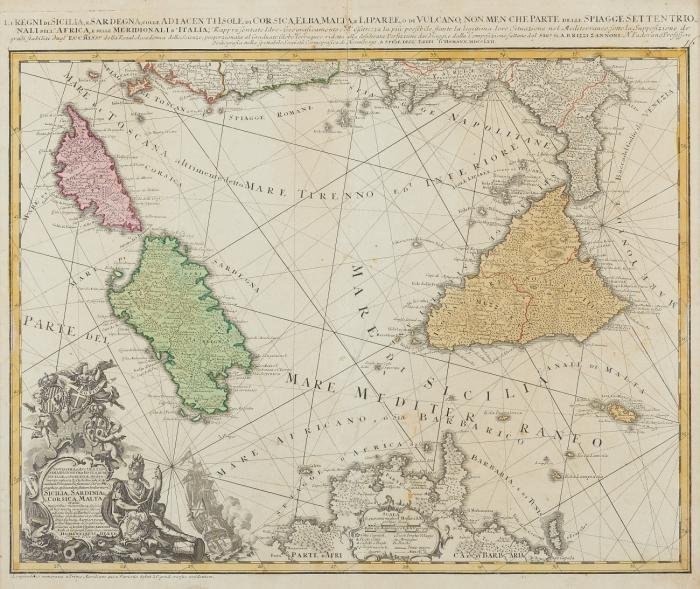 Mittelmeer. -  Sizilien, Sardinien, Korsika. Novissima et Accuratissima Regnorum et Insularum...Sicilia, Sardinia, Corsica, Malta..., oben mit der italienischen Mittelmeerküste, unten die Nordspitze Afrikas, im Zentrum Sizilien, Sardinien, Korsika, Malta, mit Titelkartusche mit Wappen und Meilenzeiger.