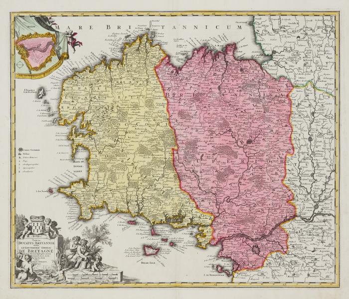 Bretagne. - Tabula ducatus Britanniae Gallis le gouvernem. general de Bretagne, mit kleinem Plan von Brest und figürlicher Kartusche.