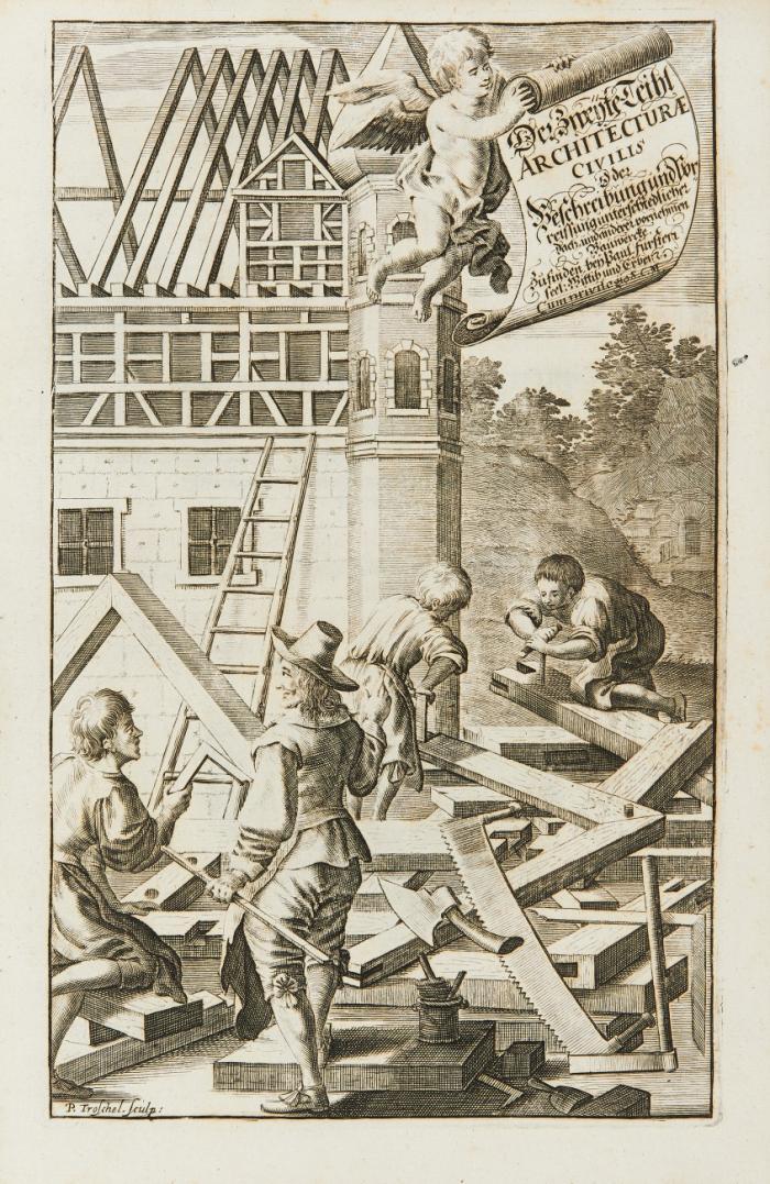 Architectura civilis, oder Beschreibung und Vorreissung vieler vornehmer Dachwerck, als hoher Helmen, Creutzdächer, Wiederkehrungen, Welscher Hauben, auch Kelter, Fallbrücken ... 2 Tle. in 1 Bd.