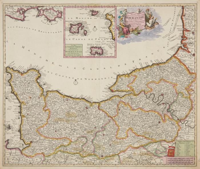 Normandie. - Duche Gouvernement general de Normandie divisé en haut et bas ...  Mit Insetkarte der Kanalinseln und figürlicher Kartusche.