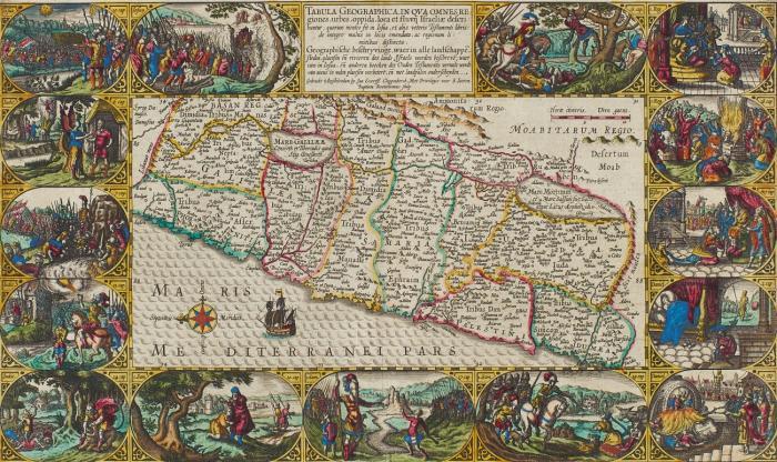 Heiliges Land. -  Tabula geographica, in qua omnes regiones, urbes, oppida, loc. et fluvij Israeliae describuntur ; quorum mentio fit in Iosua ... ac regionum limitibus distincta. Das Heilige Land mit dem Mittelmeer und Schiffstaffage, umgeben von 15 biblischen Szenen in ovalen Rahmen.