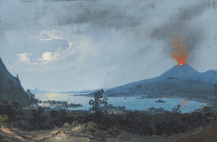 Neapel / Vesuv. – Napoli da Mare / Castella fra Mare, mit nächtlichem Vesuvausbruch bei Mondenschein.