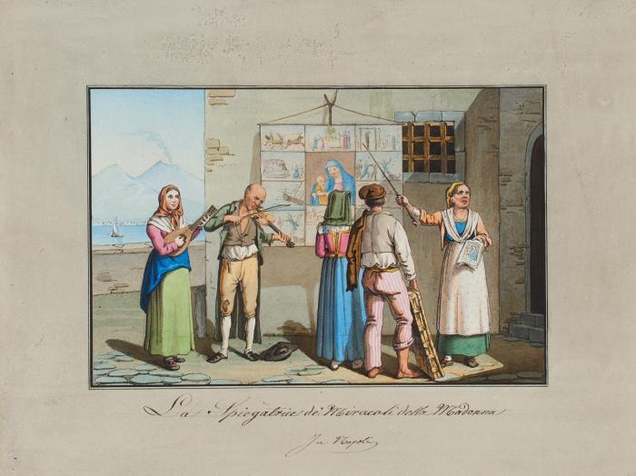 Neapel. - Genreszenen, Trachten usw. Pescatori di Napoli / Il Cantore di Rinaldo sul Molo / La Rissa delle donne del basso Popolo / La Spiegalrice de' Miracoli della Madonna / Vendictori dell'Aqua Solfuzea / Il Balle della Tarantella / Il Segretarie Ambulante / Il Giunoce della Morra / Il Ritorno dalla festa della Mad' dell'Arco.